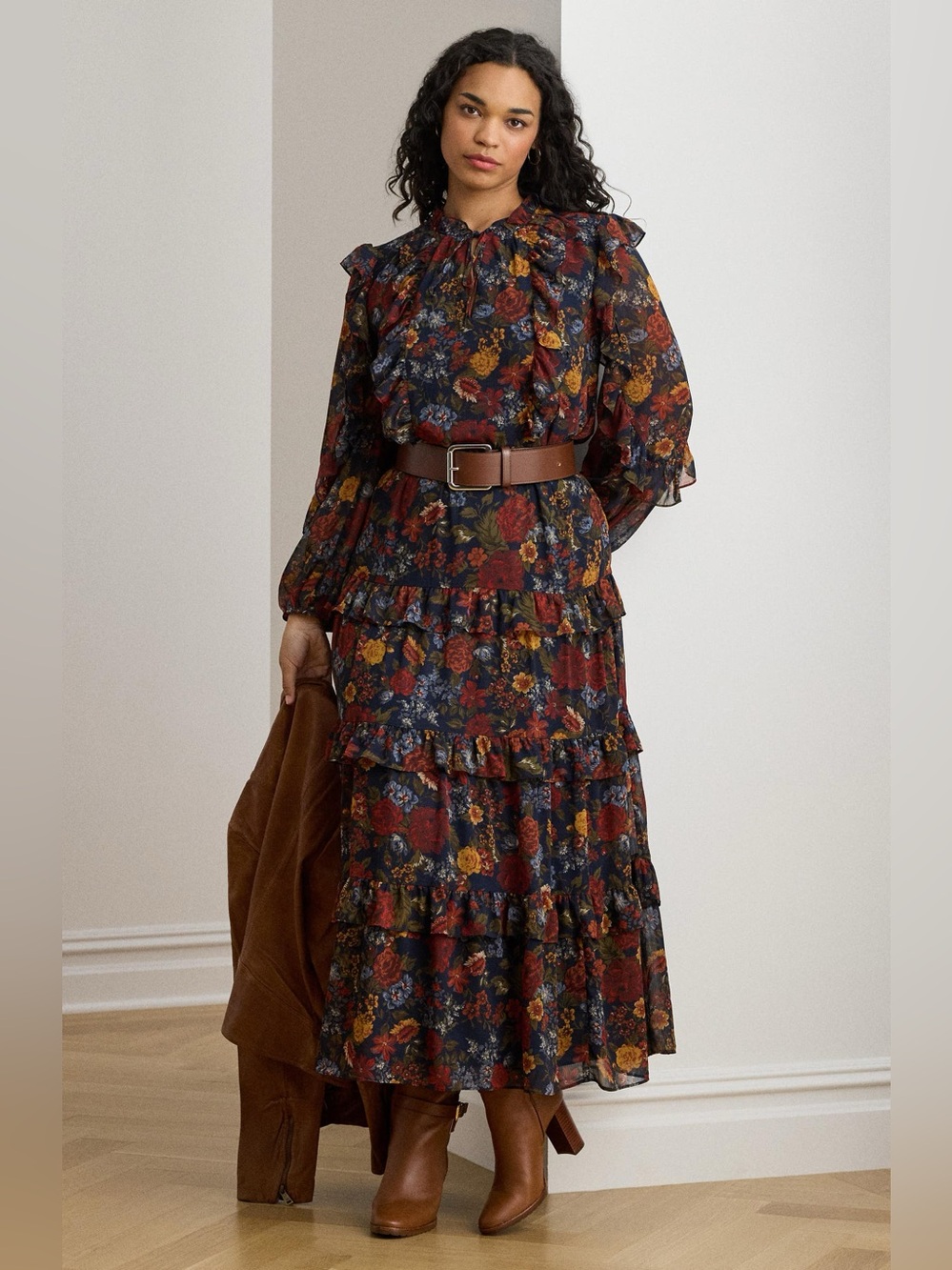 Lauren Ralph Lauren Navy Multi Floral Long-Sleeve Tiered Dress